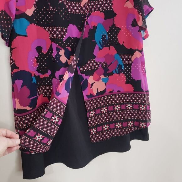 🦋3/$20 Dana Buchman Large Pink Purple Print Short Sleeve Layered Boxy Top - Picture 5 of 9